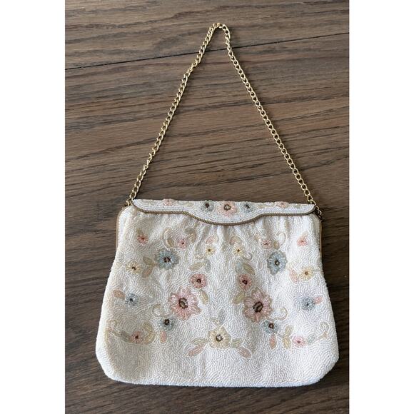 Vintage Freddy Paris Ivory Beaded 50s Designer Handbag Purse Romantic Floral - Picture 4 of 11